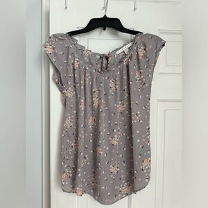 WOMEN'S LAUREN CONRAD SHORT CAP SLEEVE TIE BACK NECK GRAY FLORAL BLOUSE TOP - XS